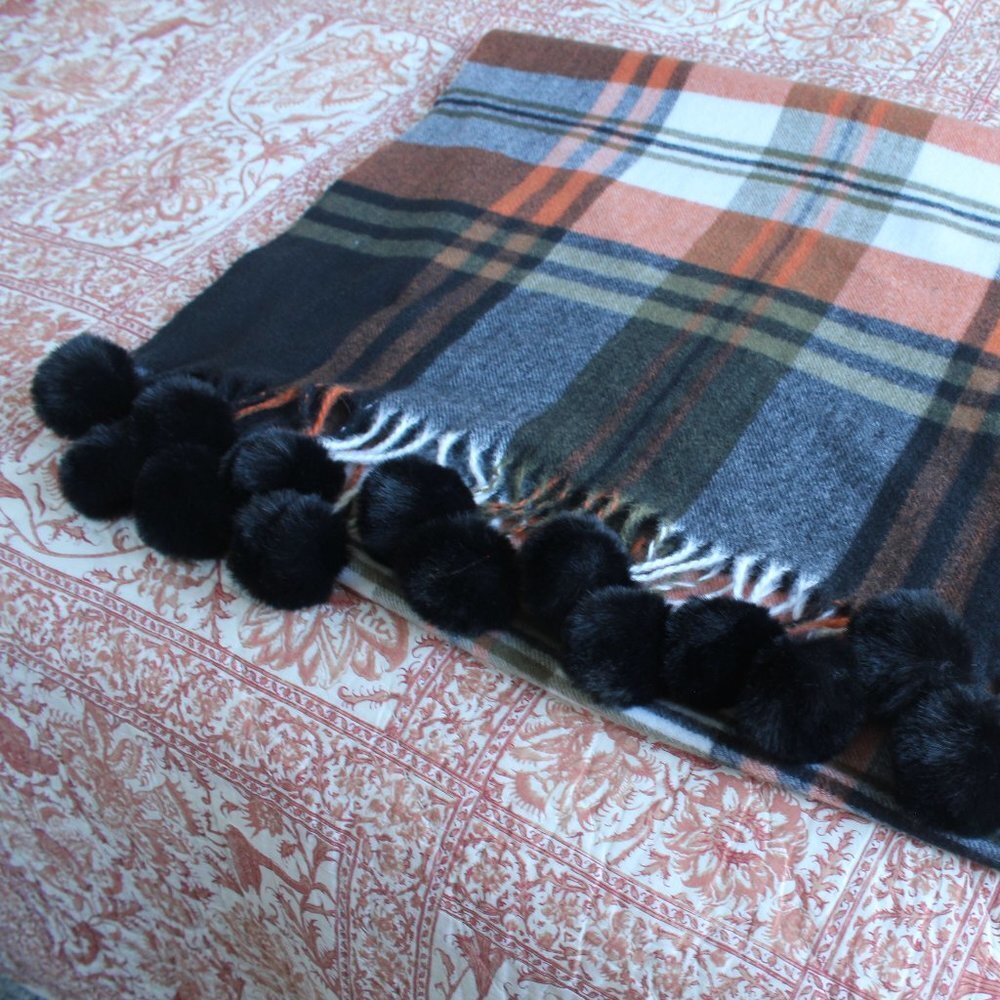 Super Soft G Brand Acrylic Pom Pom Plaid Scarf Blanket Blue Orange Green White